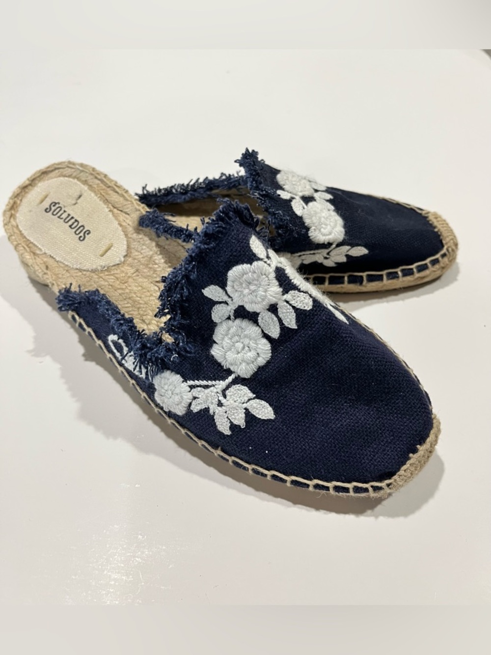 Soludos Frayed Floral Mules Espadrilles Midnight Blue Size 7